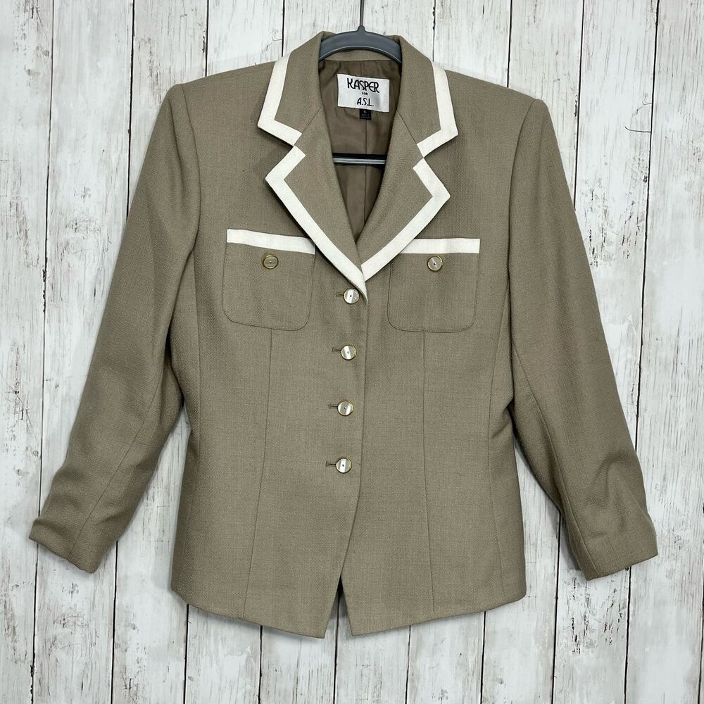 Kasper Tan White Trim Pearlescent Button Professional Wool Blend Vintage Blazer